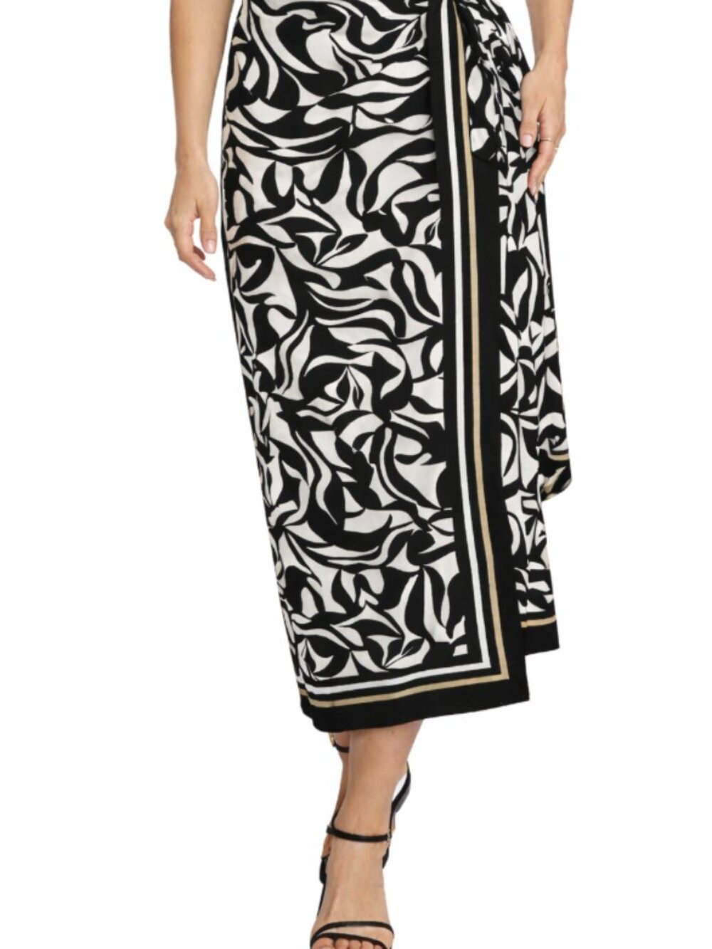 LOFT Black White Faux Wrap Skirt Size 2 Midi Length Chic Print